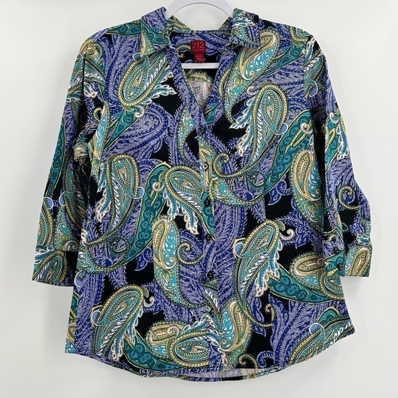 212 Collection Stretch Women’s Multicolor Paisley 3/4 Sleeve Button Down Size M - Picture 1 of 11